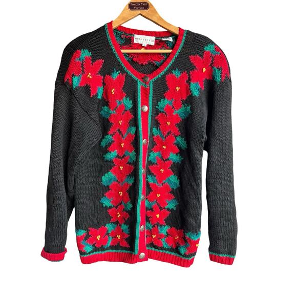 VTG 80s Red Black Christmas Chunky Knit Cardigan Sweater Womens Small Poinsettia - Picture 1 of 8